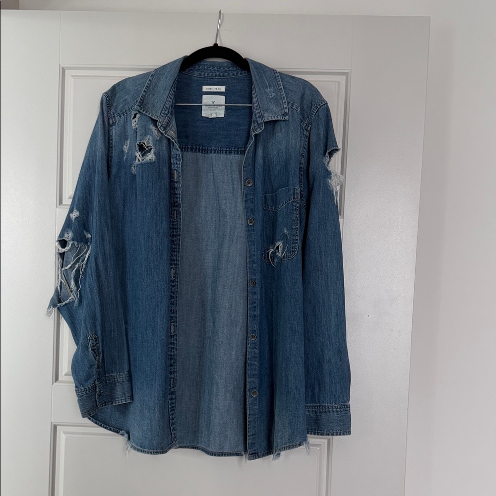 American Eagle Outfitters Distressed Denim Button-Down Shirt - Blue